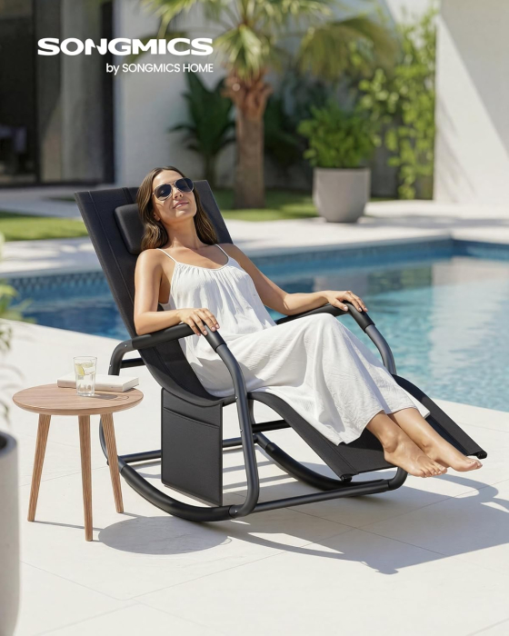 Sezlong balansoar gradina, cu tetiera reglabila si buzunar lateral, cadru otel, maxim 150 kg, 151x56x97 cm, negru [4]
