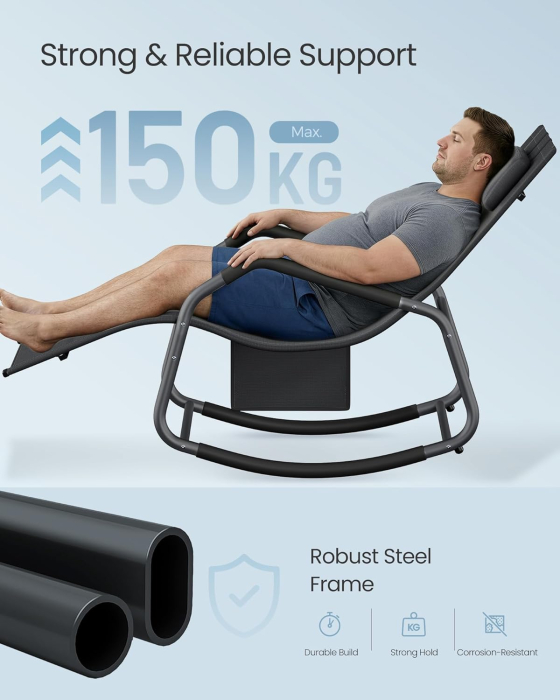 Sezlong balansoar gradina, cu tetiera reglabila si buzunar lateral, cadru otel, maxim 150 kg, 151x56x97 cm, negru [7]
