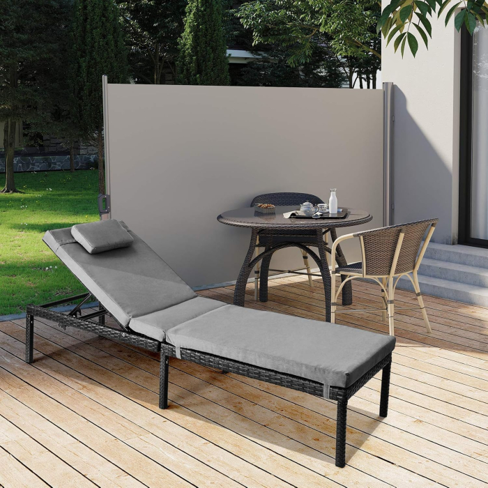 Sezlong gradina cu saltea groasa si tetiera, ratan PE si metal, maxim 150 kg, 195x65x40 cm, negru si gri [8]