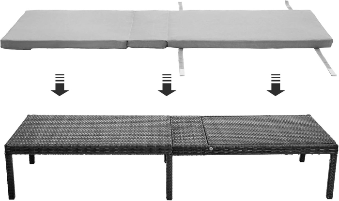 Sezlong gradina cu saltea groasa si tetiera, ratan PE si metal, maxim 150 kg, 195x65x40 cm, negru si gri [6]
