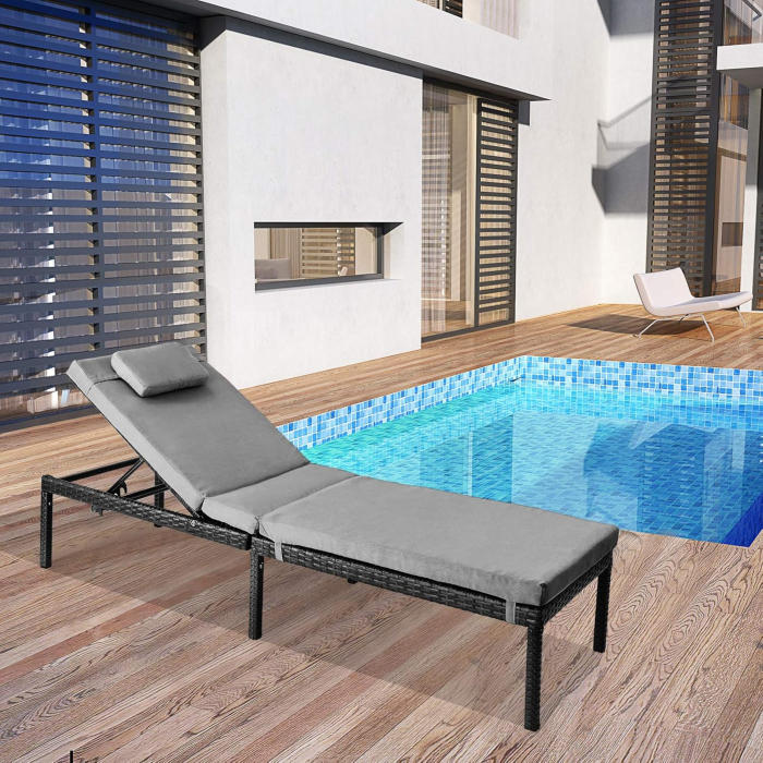 Sezlong gradina cu saltea groasa si tetiera, ratan PE si metal, maxim 150 kg, 195x65x40 cm, negru si gri [9]