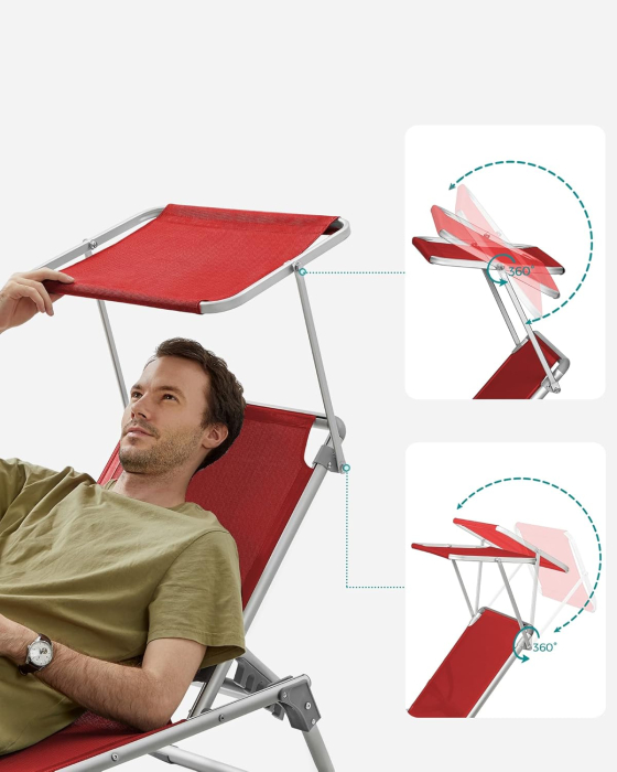Sezlong pliabil, cadru usor din aluminiu, cu parasolar, spatar reglabil in 5 pozitii, maxim 150kg, 193x55x31cm, rosu [5]