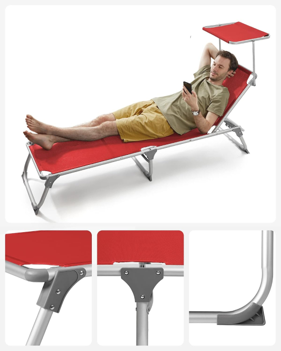 Sezlong pliabil, cadru usor din aluminiu, cu parasolar, spatar reglabil in 5 pozitii, maxim 150kg, 193x55x31cm, rosu [6]