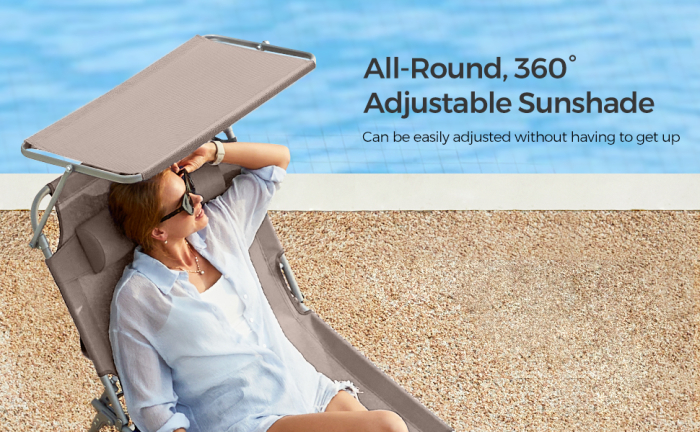 Sezlong pliabil cu parasolar si tetiera, spatar reglabil 4 pozitii, tesatura sintetica respirabila, max 150 kg, 193x53x29 cm, crem [11]