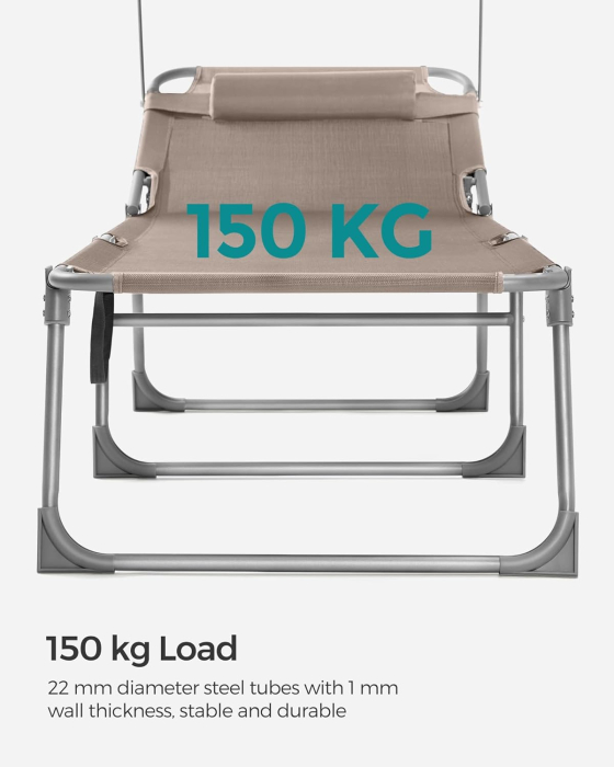 Sezlong pliabil cu parasolar si tetiera, spatar reglabil 4 pozitii, tesatura sintetica respirabila, max 150 kg, 193x53x29 cm, crem [6]