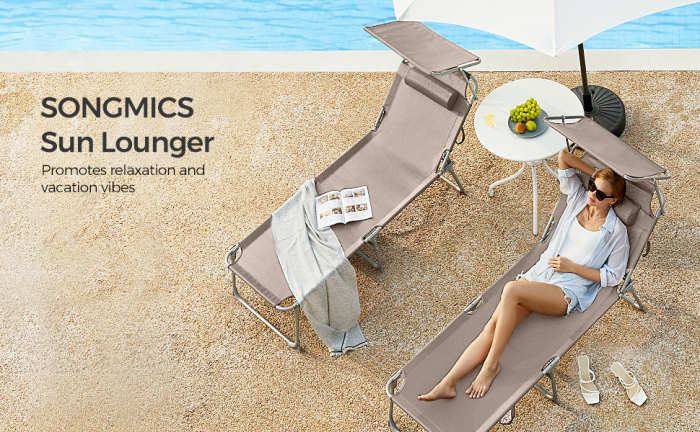 Sezlong pliabil cu parasolar si tetiera, spatar reglabil 4 pozitii, tesatura sintetica respirabila, max 150 kg, 193x53x29 cm, crem [10]