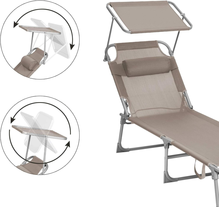 Sezlong pliabil cu parasolar si tetiera, spatar reglabil 4 pozitii, tesatura sintetica respirabila, max 150 kg, 193x53x29 cm, crem [14]