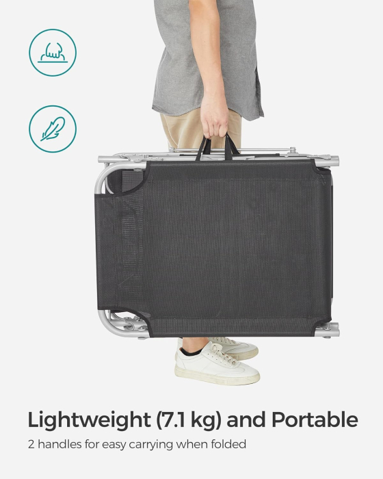 Sezlong pliabil cu parasolar si tetiera, spatar reglabil 4 pozitii, tesatura sintetica respirabila, max 150 kg, 193x53x29 cm, gri [9]