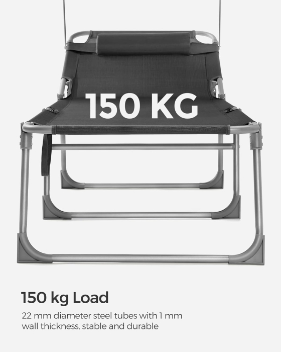 Sezlong pliabil cu parasolar si tetiera, spatar reglabil 4 pozitii, tesatura sintetica respirabila, max 150 kg, 193x53x29 cm, gri [6]