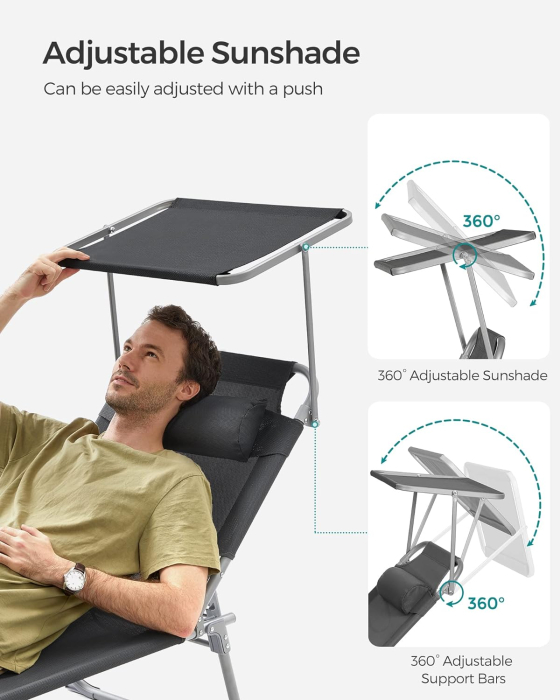 Sezlong pliabil cu parasolar si tetiera, spatar reglabil 4 pozitii, tesatura sintetica respirabila, max 150 kg, 193x53x29 cm, gri [5]