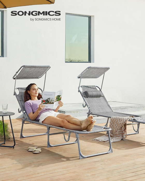 Sezlong pliabil cu parasolar si tetiera, spatar reglabil 4 pozitii, tesatura sintetica respirabila, max 150 kg, 193x53x29 cm, gri deschis [2]