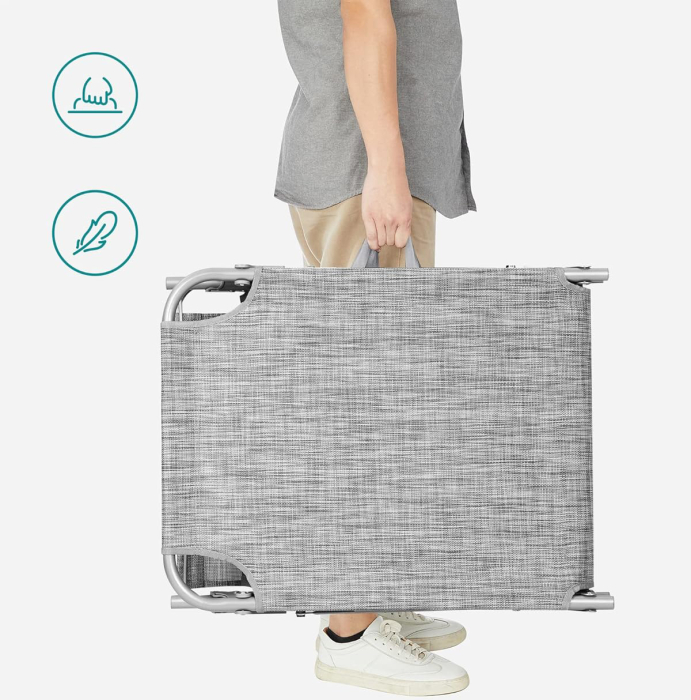 Sezlong pliabil cu parasolar si tetiera, spatar reglabil 4 pozitii, tesatura sintetica respirabila, max 150 kg, 193x53x29 cm, gri deschis [8]