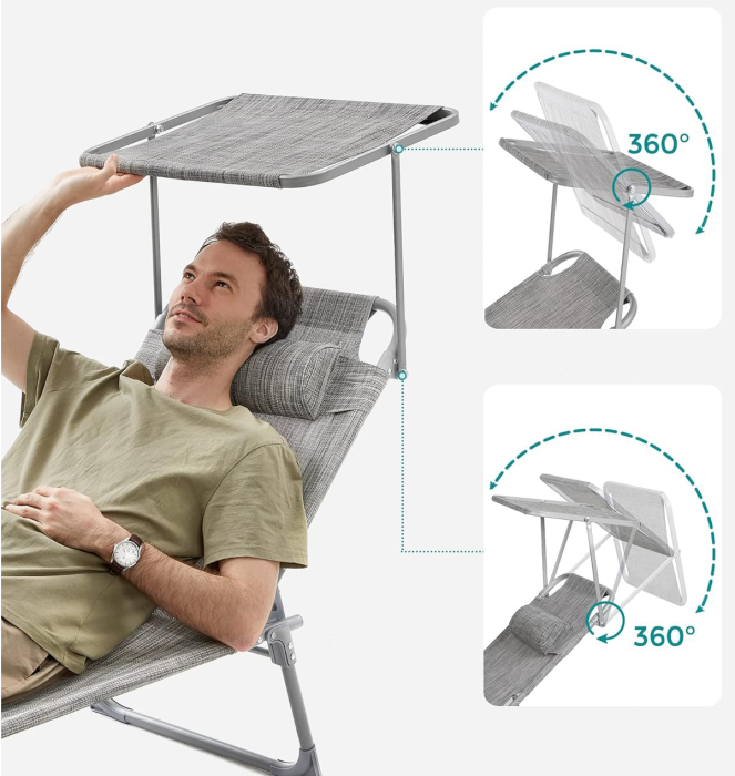 Sezlong pliabil cu parasolar si tetiera, spatar reglabil 4 pozitii, tesatura sintetica respirabila, max 150 kg, 193x53x29 cm, gri deschis [5]