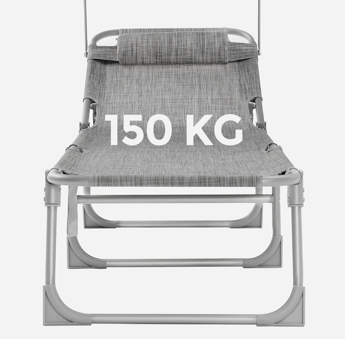 Sezlong pliabil cu parasolar si tetiera, spatar reglabil 4 pozitii, tesatura sintetica respirabila, max 150 kg, 193x53x29 cm, gri deschis [6]