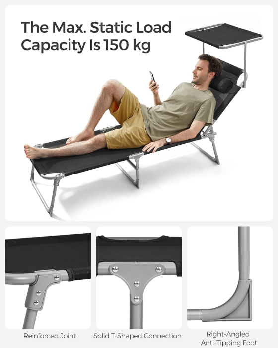 Sezlong pliabil cu parasolar si tetiera, spatar reglabil 4 pozitii, tesatura sintetica respirabila, max 150 kg, 193x53x29 cm, negru [7]