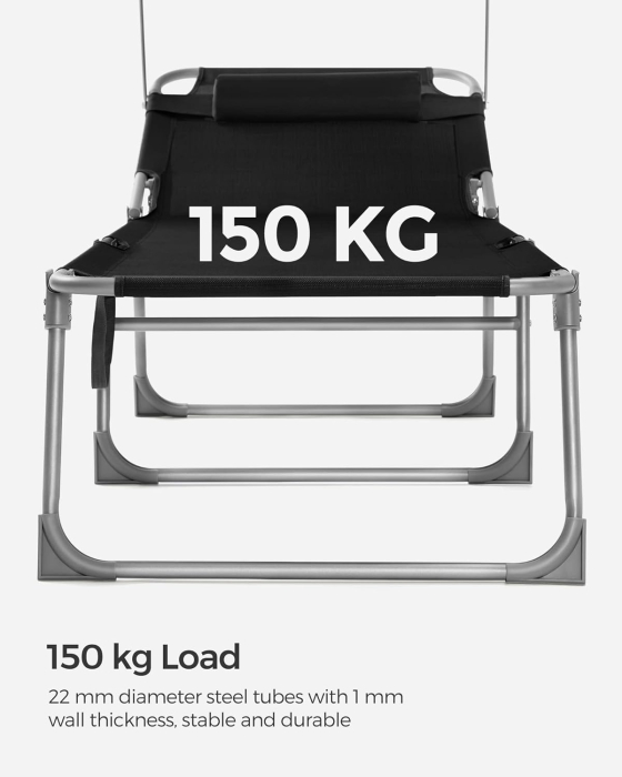 Sezlong pliabil cu parasolar si tetiera, spatar reglabil 4 pozitii, tesatura sintetica respirabila, max 150 kg, 193x53x29 cm, negru [6]
