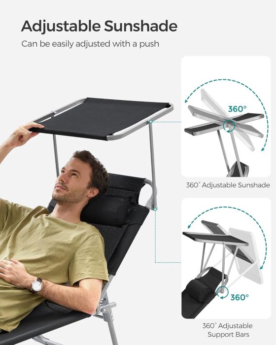 Sezlong pliabil cu parasolar si tetiera, spatar reglabil 4 pozitii, tesatura sintetica respirabila, max 150 kg, 193x53x29 cm, negru [5]
