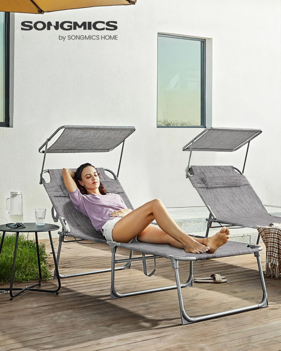 Sezlong pliabil, cu parasolar si tetiera, spatar reglabil in 4 pozitii, maxim 150kg, 200x71x38 cm, gri [3]