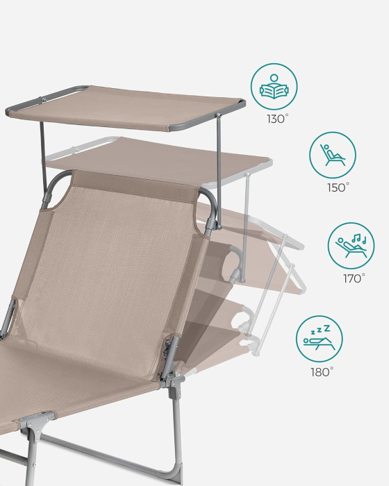 Sezlong pliabil cu parasolar si tetiera, spatar reglabil 4 pozitii, tesatura sintetica respirabila, max 150 kg, 200x71x38 cm, taupe [5]
