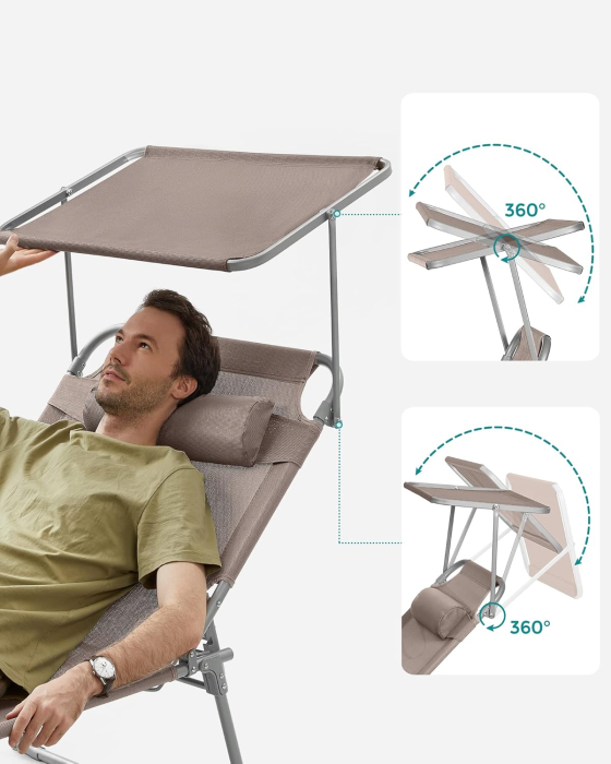Sezlong pliabil cu parasolar si tetiera, spatar reglabil 4 pozitii, tesatura sintetica respirabila, max 150 kg, 200x71x38 cm, taupe [3]