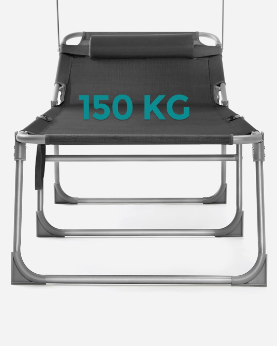 Sezlong pliabil cu parasolar si tetiera, spatar reglabil 4 pozitii, tesatura sintetica respirabila, max 150 kg, 200x71x38 cm, gri [14]