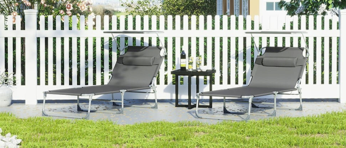 Sezlong pliabil cu parasolar si tetiera, spatar reglabil 4 pozitii, tesatura sintetica respirabila, max 150 kg, 200x71x38 cm, gri [8]