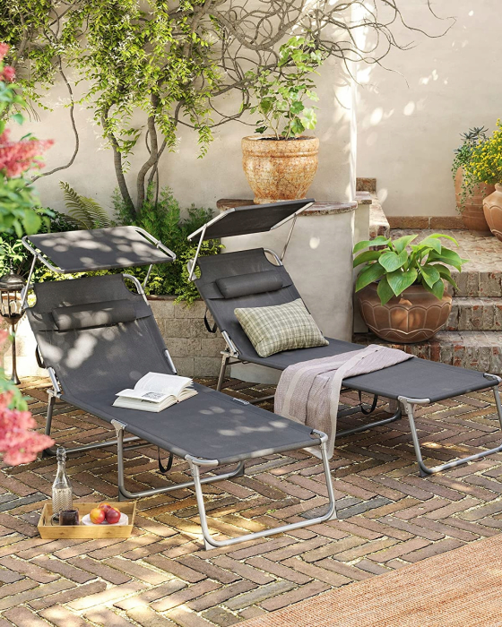 Sezlong pliabil cu parasolar si tetiera, spatar reglabil 4 pozitii, tesatura sintetica respirabila, max 150 kg, 200x71x38 cm, gri [9]