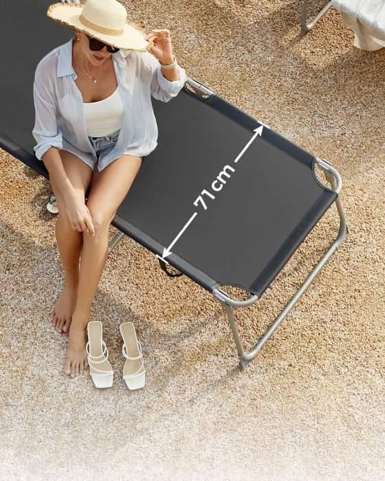 Sezlong pliabil cu parasolar si tetiera, spatar reglabil 4 pozitii, tesatura sintetica respirabila, max 150 kg, 200x71x38 cm, gri [6]