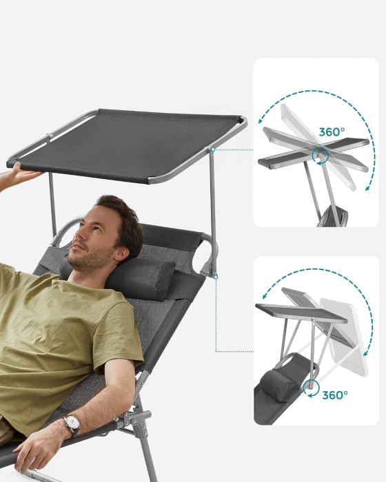 Sezlong pliabil cu parasolar si tetiera, spatar reglabil 4 pozitii, tesatura sintetica respirabila, max 150 kg, 200x71x38 cm, gri [10]