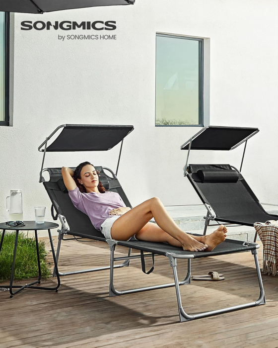 Sezlong pliabil cu parasolar si tetiera, spatar reglabil 4 pozitii, tesatura sintetica respirabila, max 150 kg, 200x71x38 cm, negru [5]