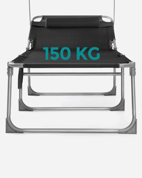 Sezlong pliabil cu parasolar si tetiera, spatar reglabil 4 pozitii, tesatura sintetica respirabila, max 150 kg, 200x71x38 cm, negru [3]