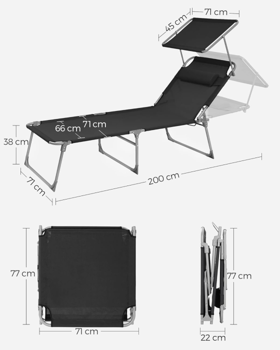 Sezlong pliabil cu parasolar si tetiera, spatar reglabil 4 pozitii, tesatura sintetica respirabila, max 150 kg, 200x71x38 cm, negru [2]