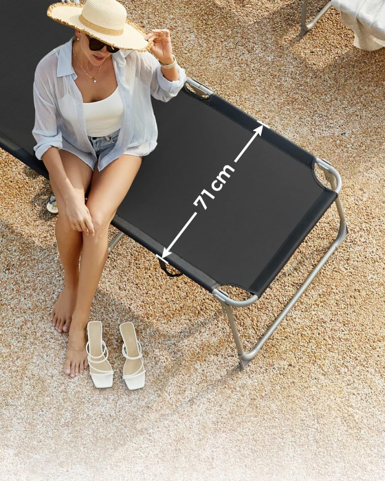 Sezlong pliabil cu parasolar si tetiera, spatar reglabil 4 pozitii, tesatura sintetica respirabila, max 150 kg, 200x71x38 cm, negru [7]