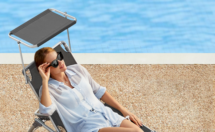 Sezlong pliabil, cu parasolar, spatar reglabil in 5 pozitii, maxim 150kg, 193x55x31cm, gri [10]