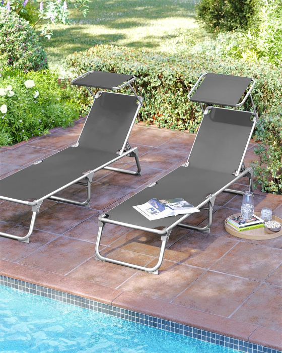 Sezlong pliabil, cu parasolar, spatar reglabil in 5 pozitii, maxim 150kg, 193x55x31cm, gri [2]