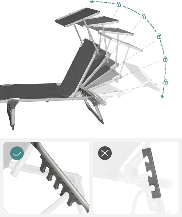 Sezlong pliabil, cu parasolar, spatar reglabil in 5 pozitii, maxim 150kg, 193x55x31cm, gri [6]