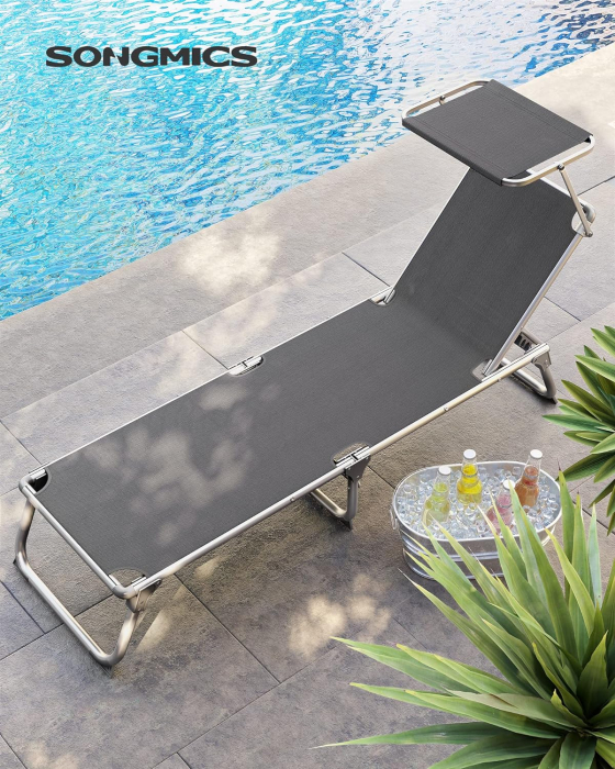 Sezlong pliabil, cu parasolar, spatar reglabil in 5 pozitii, maxim 150kg, 193x55x31cm, gri [4]