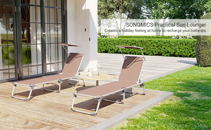 Sezlong pliabil cu parasolar, spatar reglabil 5 pozitii, cadru aluminiu, max 150 kg, 193x55x31 cm, taupe [11]