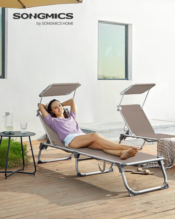 Sezlong pliabil cu parasolar, spatar reglabil 5 pozitii, cadru aluminiu, max 150 kg, 193x55x31 cm, taupe [10]