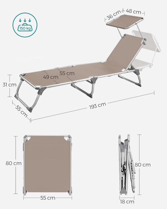 Sezlong pliabil cu parasolar, spatar reglabil 5 pozitii, cadru aluminiu, max 150 kg, 193x55x31 cm, taupe [3]