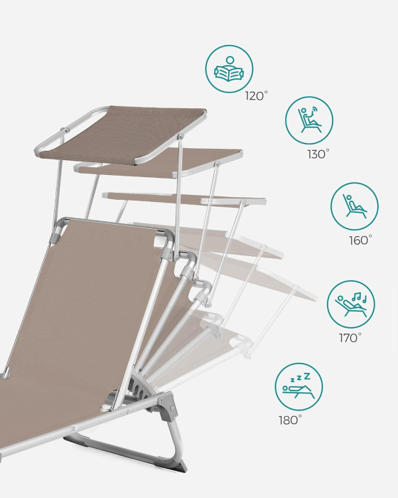 Sezlong pliabil cu parasolar, spatar reglabil 5 pozitii, cadru aluminiu, max 150 kg, 193x55x31 cm, taupe [6]