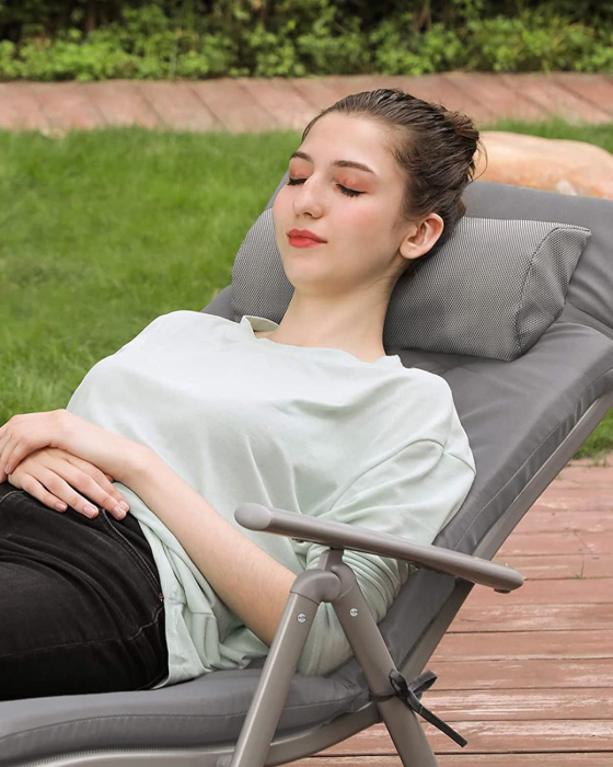 Sezlong pliabil cu saltea 6 cm si tetiera, spatar reglabil 7 pozitii, aluminiu anticoroziv, max 150 kg, 183x60x39 cm, gri [6]