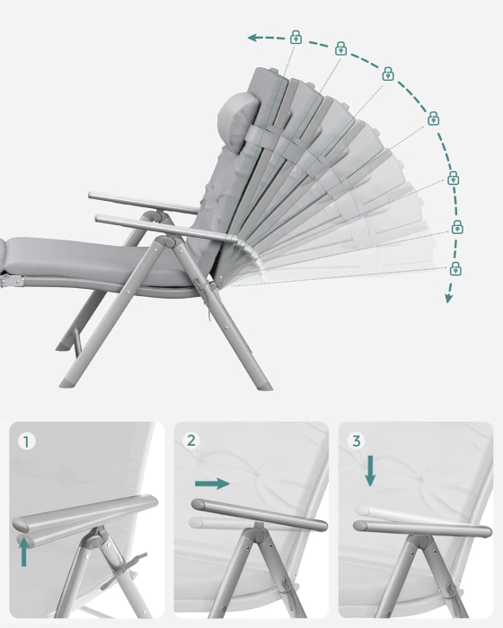 Sezlong pliabil cu saltea 6 cm si tetiera, spatar reglabil 7 pozitii, aluminiu anticoroziv, max 150 kg, 183x60x39 cm, gri [2]