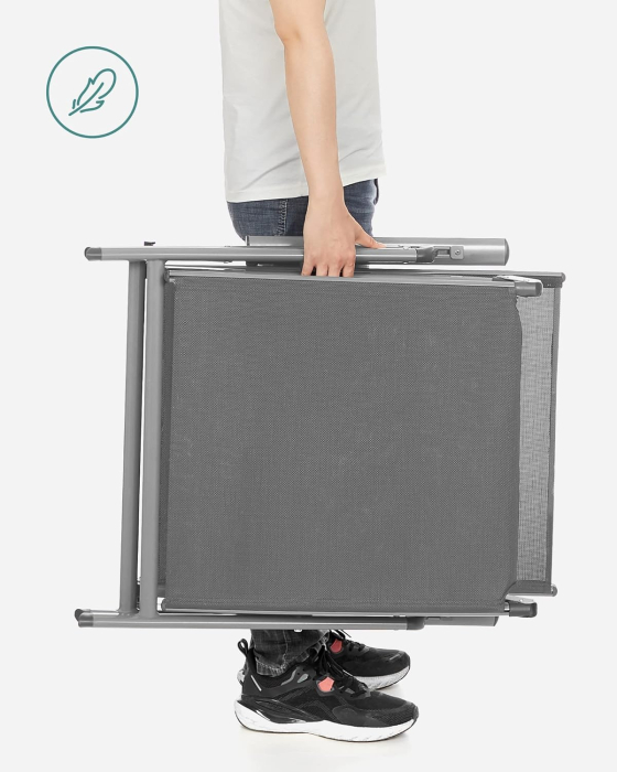 Sezlong pliabil cu saltea 6 cm si tetiera, spatar reglabil 7 pozitii, aluminiu anticoroziv, max 150 kg, 183x60x39 cm, gri [8]