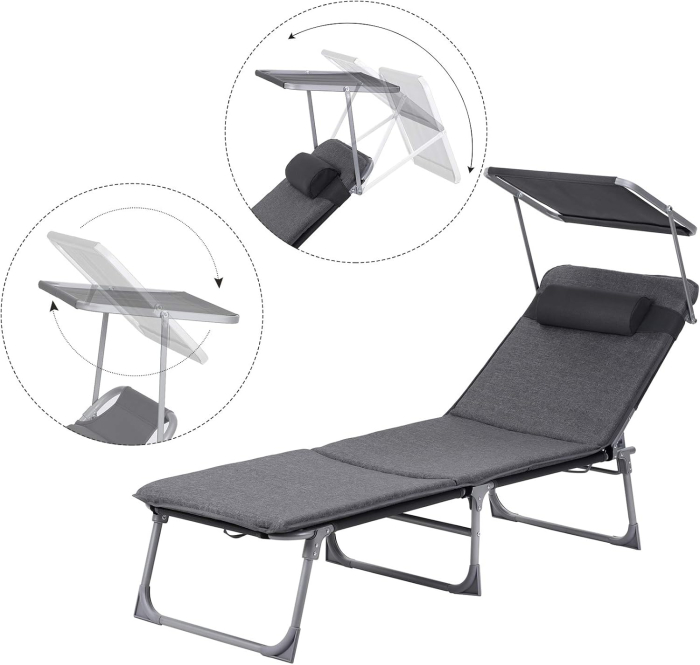 Sezlong pliabil cu saltea 3 cm si parasolar, spatar reglabil 4 pozitii, max 150 kg, 193x53x30 cm, gri [2]