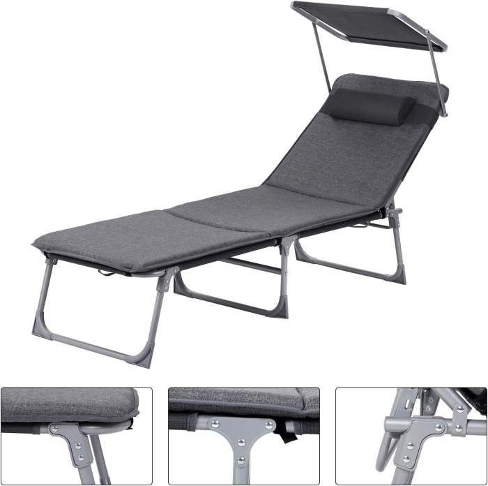 Sezlong pliabil cu saltea 3 cm si parasolar, spatar reglabil 4 pozitii, max 150 kg, 193x53x30 cm, gri [8]