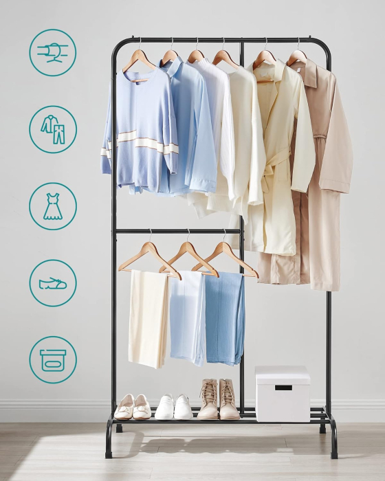 Stativ haine metalic 105x50x195 cm, cu bara ajustabila si 3 niveluri de depozitare, otel, negru [3]