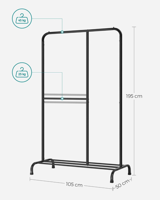 Stativ haine metalic 105x50x195 cm, cu bara ajustabila si 3 niveluri de depozitare, otel, negru [6]