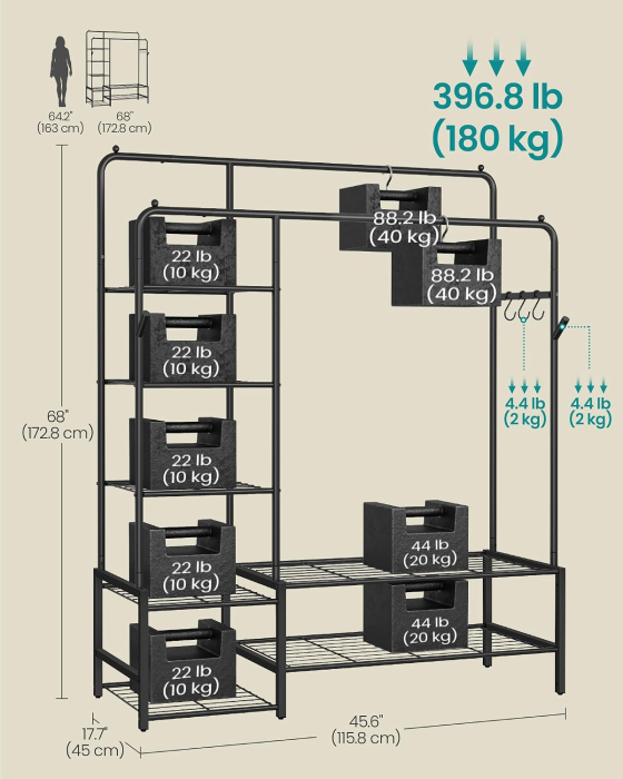 Suport haine cu 2 bare si 7 rafturi, carlige suplimentare de agatare, capacitate 180 kg, 45x116x173 cm, negru [2]