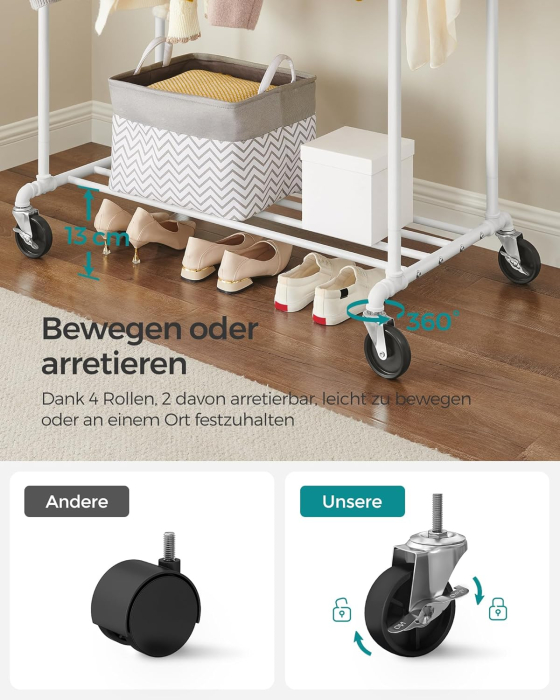 Suport haine cu 2 bare si raft, cu roti, cadru metalic, design industrial, 100x59x162 cm, alb [5]